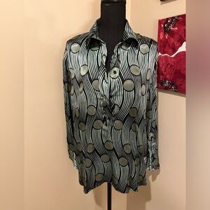 Zara Retro Print Collared Satin-Feel Blouse, size L